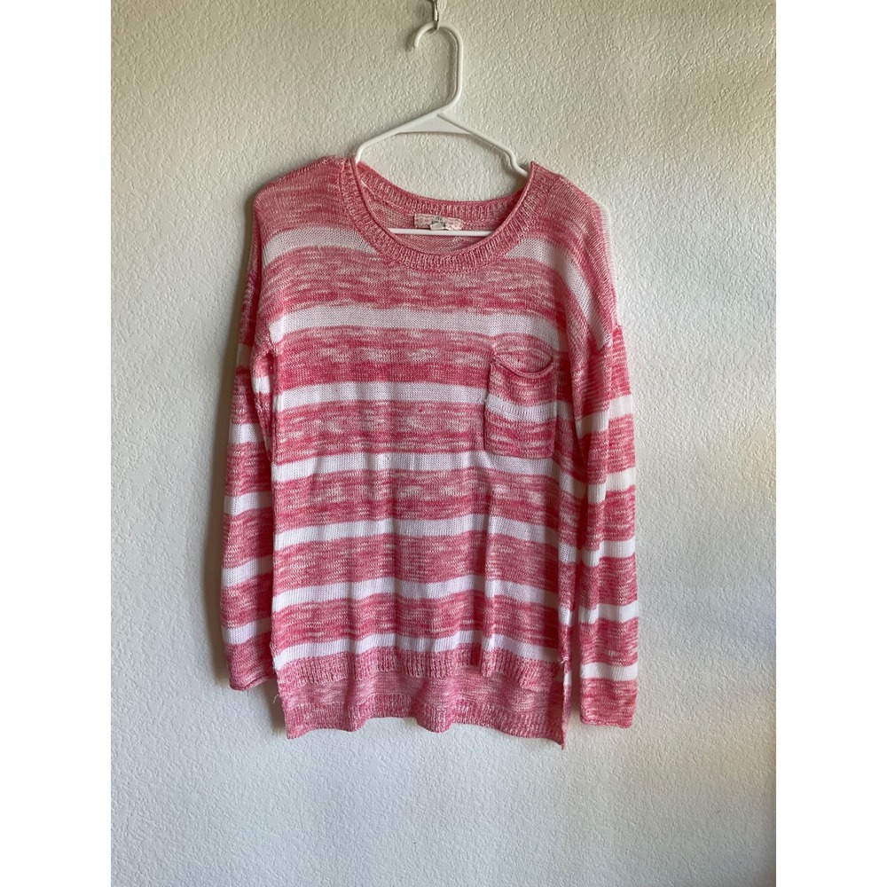 Pink Republic Womens Pink White Striped Knit Sweater Chest Pocketl large